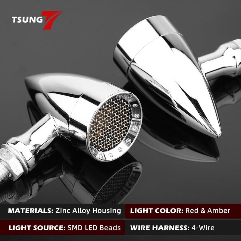 TSUNG 2PCS Motorcycle Rear Turn Signals LED Bullet Blinkers Tail Light Small Universal for Cruiser Chopper Bobber Cafe Racer Street Bike (SMD-Chrome-Red&Amber) - Image 2